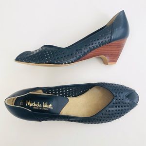 Vintage 70s Navy Blue Leather Peep Toe Wooden Wedge Heels Cutout Platform Shoes